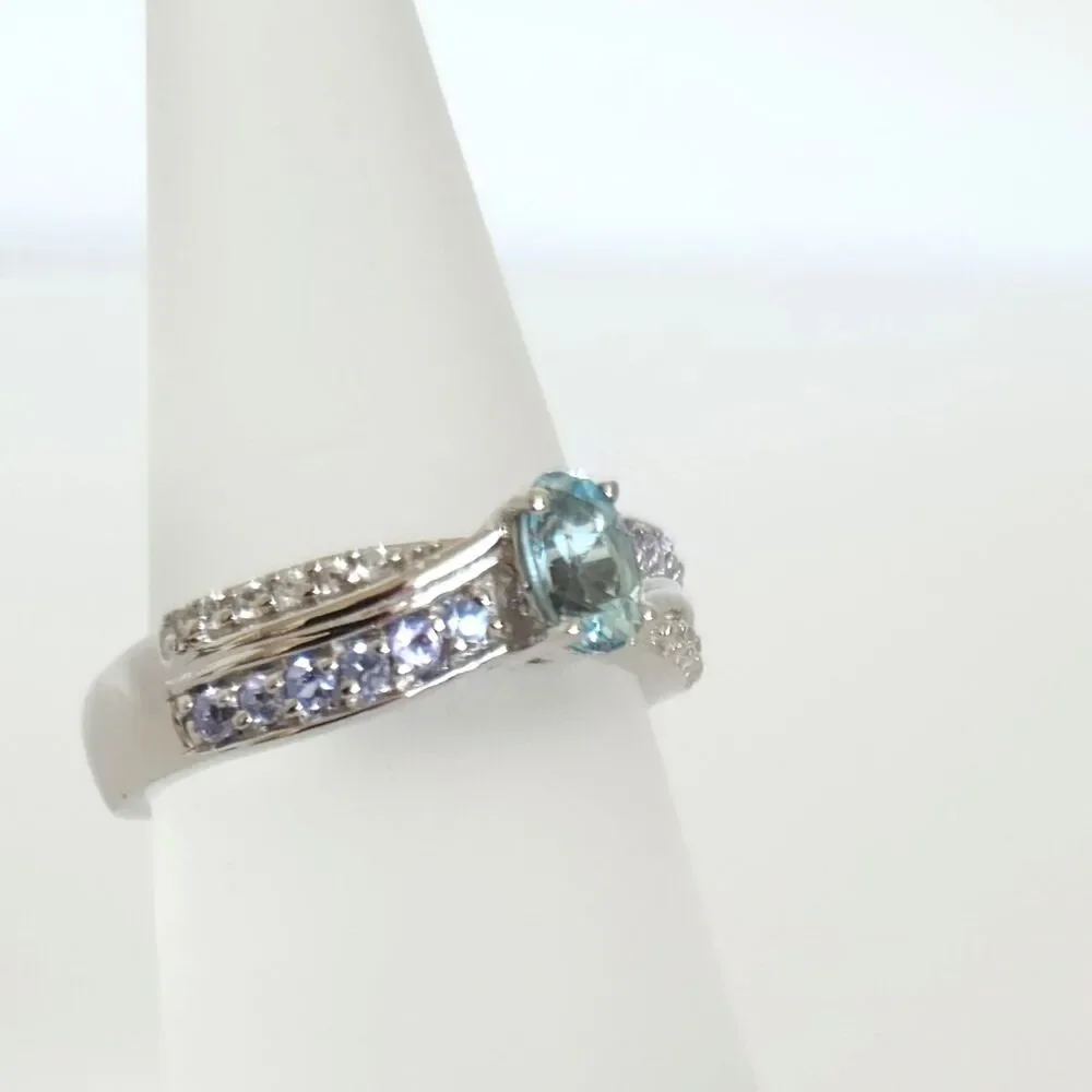 Aquamarine Espirito Santo and Tanzanite and White Zircon Ring 5
